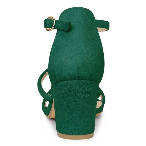 Open Toe Strappy Green Chunky Heels Sandals - Picture 3 of 6